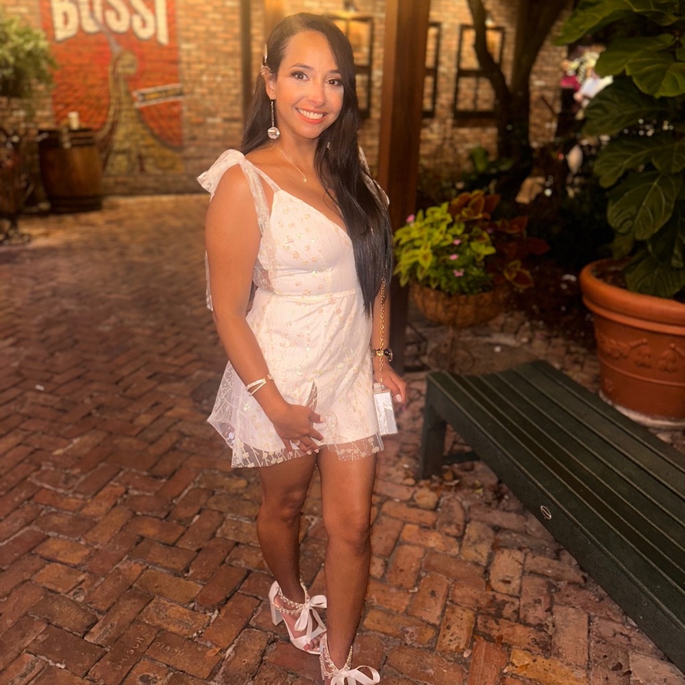 Lucy in the Sky Lace Sequin Dress w/ Bow Strap - perfect for soon to be brides!